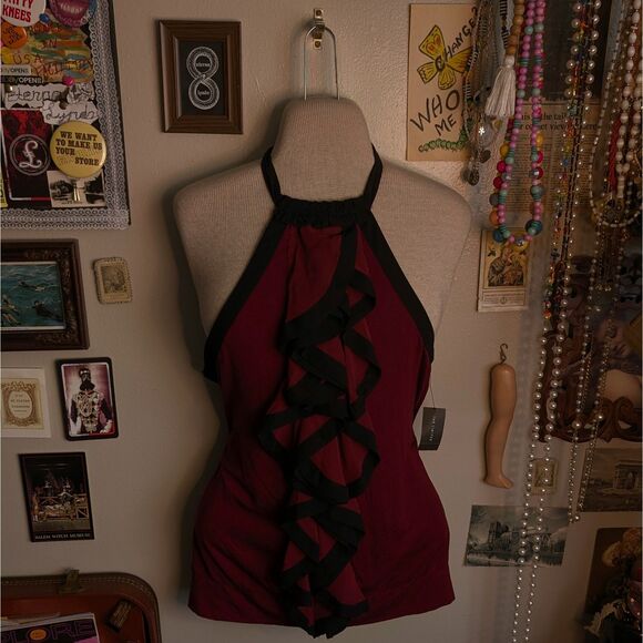 Ruffled Halter Tied Tank Top Blouse Women's Medium Dark Red Black Y2K - Picture 1 of 10